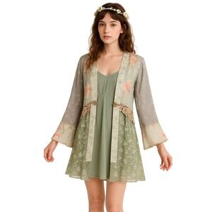 90s fairycore Frog Button Blouse Sage Floral Embroidered Lace Trim lagenlook top